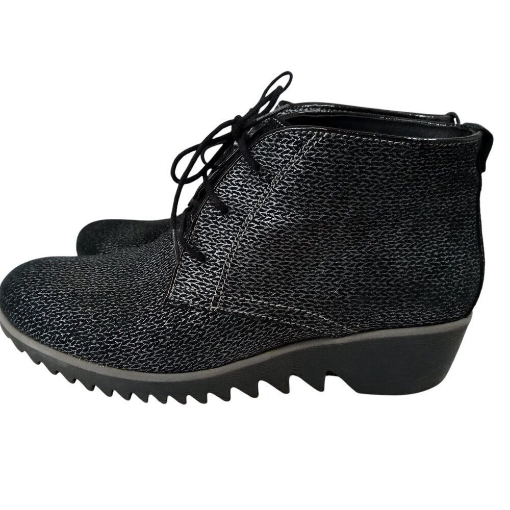 Wolky Dusky Winter Black Leather Wedge Ankle Boots Booties Size 40 US 9 Metallic